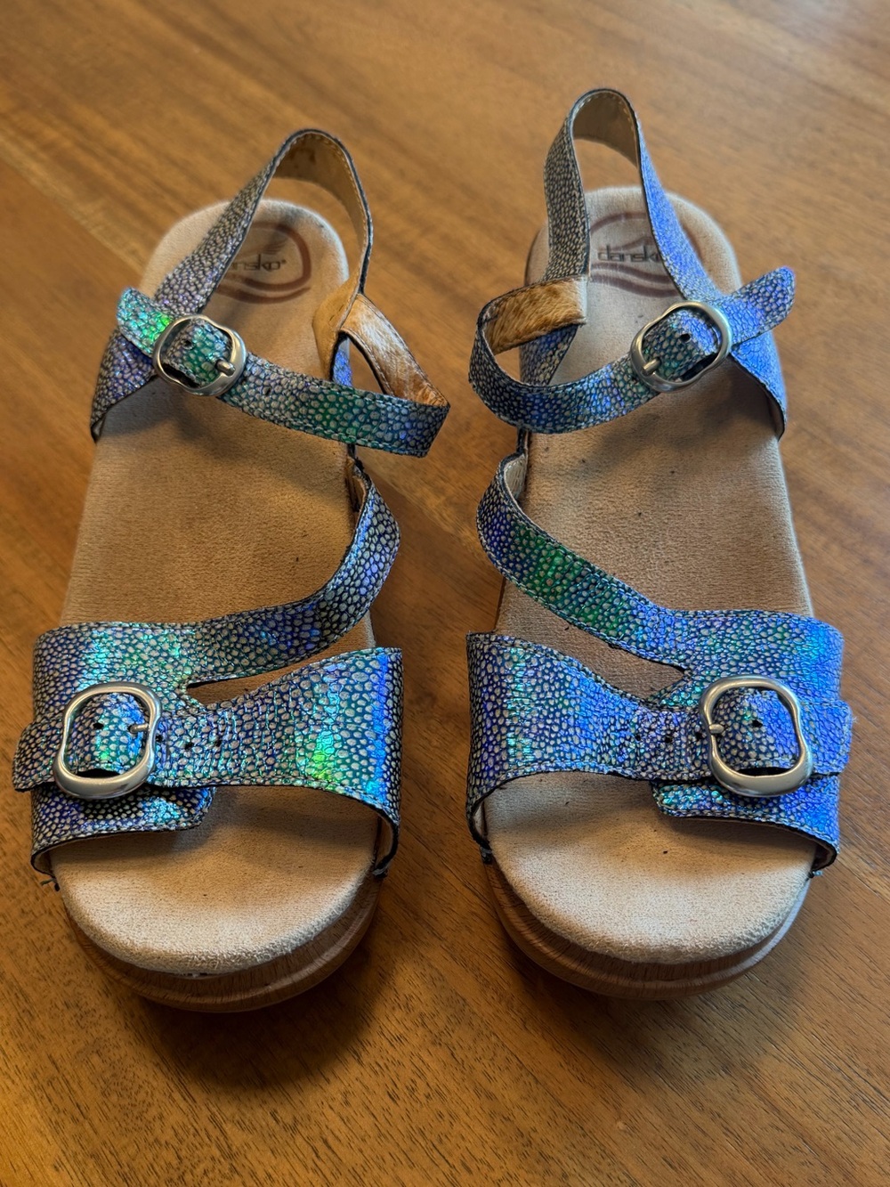 Dansko Sandi Iridescent Blue-Green Buckle Sandals